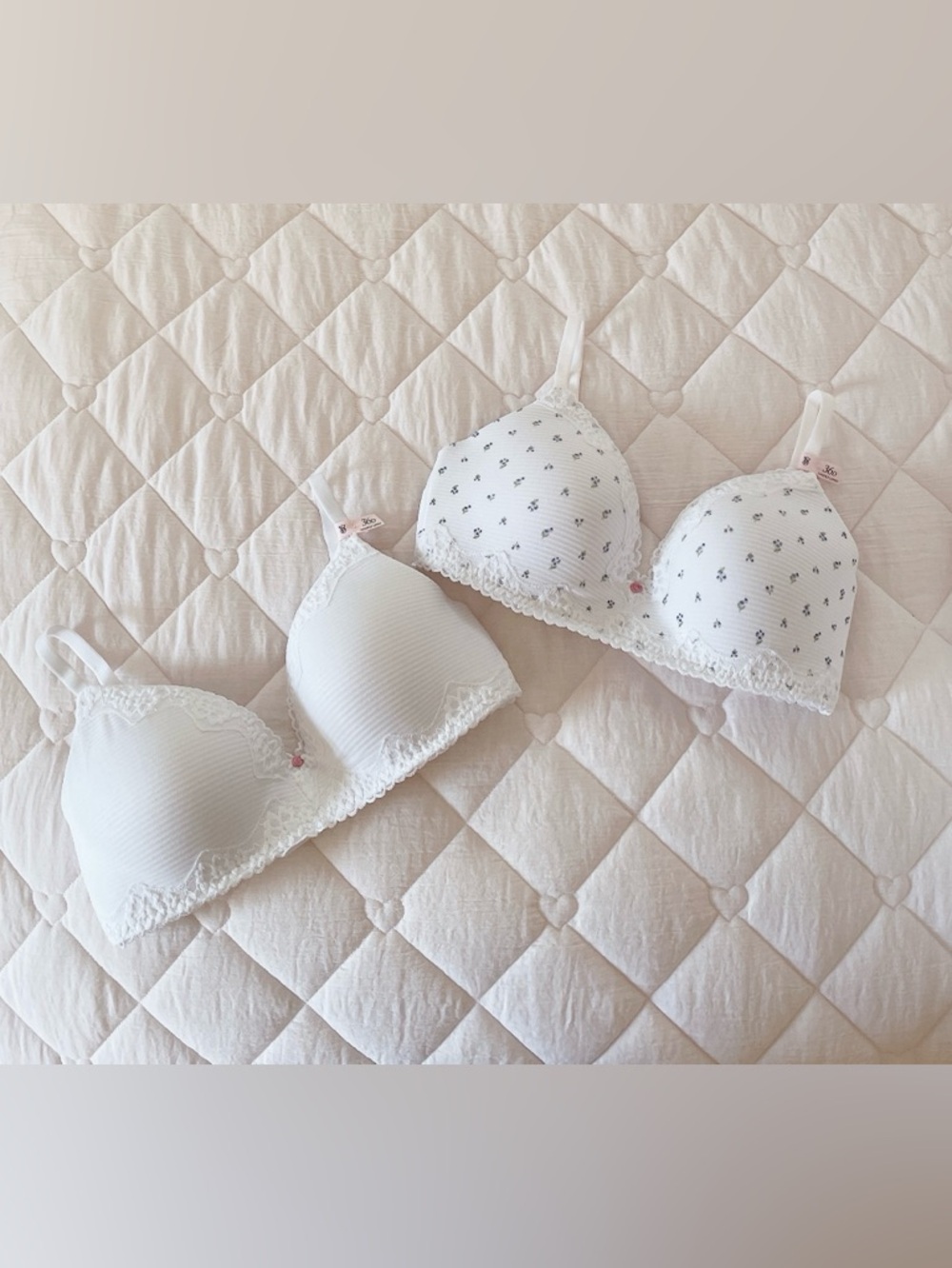 𝜗𝜚 victoria’s secret cotton lace trim lightly lined wireless bra set whitefloral
